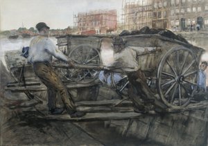 Munkások húznak egy nehéz kocsit Jacob van Lennepkade-en, Amszterdam, 1900 alkotó: George Hendrik Breitner