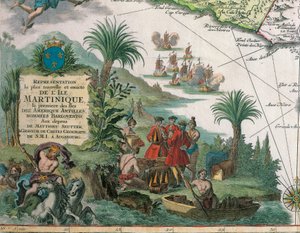 Martinique térképét készítette Matthieu Seutter, részletek: Kereskedők és indiánok alkotó: Georg Matthäus Seutter