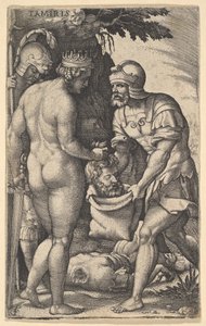 Tomyris, hátulról meztelenül, Cyrus fejét egy katona által tartott zsákba helyezi..., kb. 1539.