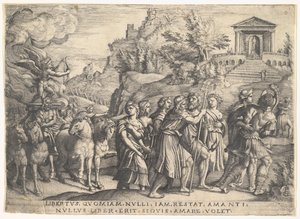A szerelem diadala: négy ló hintót húz Ámorral a füstölgő platón..., kb. 1539. alkotó: Georg Pencz