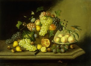 Csendélet egy kosár szőlővel és vegyes gyümölccsel egy kőpárkányon alkotó: Georg Seitz