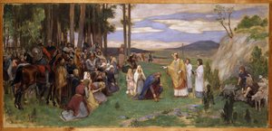 Anschaire (Oscar) de Breme (801-865) preche le christianisme en Scandinavie – Ansgar, a kereszténységet prédikálva, Pauli, Georg (1855-1935). Olajfestmény. Mérete: 64x136 cm. Nemzeti Múzeum Stockholm