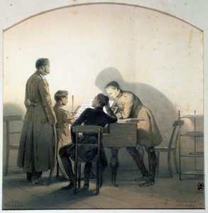 A zongoránál (At the piano). Orosz katonák zongoráztak a krími háború alatt. George Wilhelm Timm (1820-1895) festménye. Akvarell és ceruza papírra, 20,8 x 20,1 cm