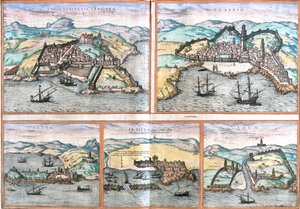 Tanger, Safi, Ceuta, Asilah, Salé, Marokkó, Braun és Hogenberg Civitates orbis terrarum című könyvéből. Megjelenés éve 1572, Köln.