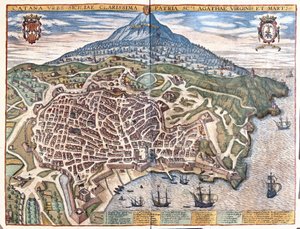 Catania, az Etnával a háttérben, Szicília, Olaszország (metszet