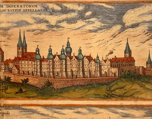 Csehország, Prága, kilátás a palotára, Georg Braun (1541-1622) és Franz Hogenberg (1535-1590) színes metszet a Civitates Orbis Terrarumból alkotó: Georg Braun and Hogenberg Franz