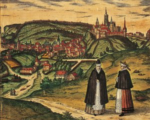 Csehország, Prága, kilátás a városra, a háttérben a fellegvárral, Georg Braun (1541-1622) és Franz Hogenberg (1535-1590) színes metszet a Civitates Orbis Terrarumból alkotó: Georg Braun and Hogenberg Franz