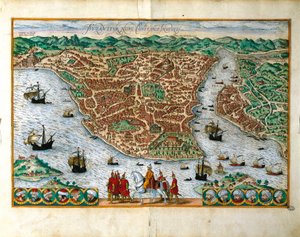Olaszország, Milánó, Georg Braun (1541-1622) és Franz Hogenberg (1535-1590) Konstantinpólus városának perspektivikus képe, színes metszet alkotó: Georg Braun and Hogenberg Franz