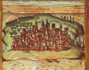 A kenyai Mombasa térképe, Georg Braun és Franz Hogenberg metszete alkotó: Georg Braun and Hogenberg Franz