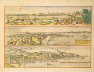 Sevilla, Cadiz és Malaga, Spanyolország térképe a Civitates Orbis Terrarumtól, Georg Braun