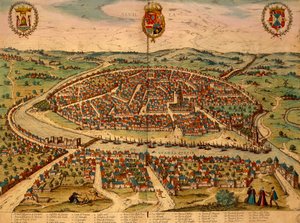 Spanyolország, Sevilla, kilátás a városra, Georg Braun (1541-1622) és Franz Hogenberg (1535-1590) színes metszet a Civitates Orbis Terrarumból alkotó: Georg Braun and Hogenberg Franz