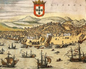 Lisszabon város térképe a Civitates Orbis Terrarumból, Georg Braun és Franz Hogenberg, metszet alkotó: Georg Braun and Hogenberg Franz
