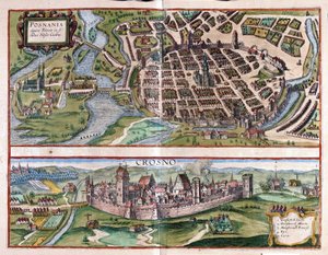 Poznan és Krosno, Lengyelország (metszet alkotó: Georg Braun and Hogenberg Franz