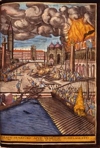 A hercegi palota nagy tüze a velencei Szent Márk téren 1577-ben. Braun György metszete a „Civitatis Orbis Terrarum” I. kötetében, Franz Hogenberg (1535-1590)