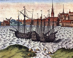 Lübeck kikötője a Braun és Hogenberg Theatrum Orbis Terrarum után. 17. század. alkotó: Georg Braun and Hogenberg Franz