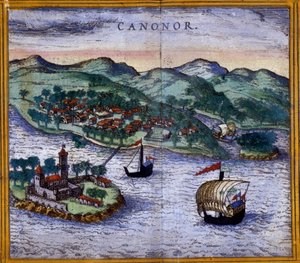 Az indiai Canonor (vagy Cannanore) kilátása Braun és Hogenberg „Civitates Orbis Terrarum” kiadásából alkotó: Georg Braun and Hogenberg Franz