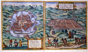 Kilátás Mexikóvárosra (Mexikó) és Cuzcóra (Peru). Atlas Braun & Hogenberg alkotó: Georg Braun and Hogenberg Franz