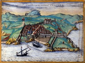 Kilátás a megerősített Tanger városra és a tengerpartra, Marokkó. Három hajó horgonyzik a part közelében. Georgius Braun és Franz Hohenberg „Ciuitates orbis terrarum Liber primus” című könyvében, Köln 1582. alkotó: Georg Braun and Hogenberg Franz