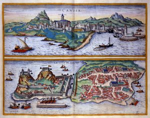Candie kikötőjének (jelenlegi Heraklion) kilátása Krétán és Korfu kikötője Görögországban George Braun metszete „Civitatis Orbis Terrarum””” I. kötet, Franz Hogenberg (1535-1590) írása alkotó: Georg Braun and Hogenberg Franz