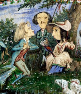 George Sand (Aurore Dupin, Baronne Dudevant) (1804-1876) és Auguste Charpentier (1815-1880) gouache-festett karikatúráinak rajongója: George Sand betűs nőt ábrázoló részlet, körülötte Eugene Delacroix (középen) és Liszt Ferenc. 19. század