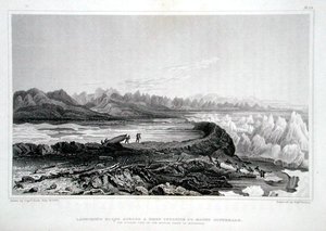 Csónakok vízre bocsátása a Conybeare-hegygel szemközti zátonyon Sir John Franklin (1786-1847) „Narrative of Journey to the Shores of the Polar Sea in the Years 1819-22” című művéből, amelyet Edward Finden (1791-1857) vésett, 1823-ban jelent meg. -28 (színe