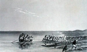 The Boats Getting Afloat, Sir John Franklin (1786-1847) „Elbeszélése egy második expedícióról a Sarki-tenger partjaira 1825-27-ben” című könyvéből, Edward Finden (1791-1857) metszetével, 1828-ban megjelent (metszet)