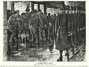 Punch rajzfilm: Egy rokonszenves lélek – Rendőrség a londoni nyomornegyedekben (metszet) alkotó: George (after) Du Maurier