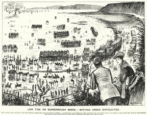 Punch rajzfilm: Apály a Scarborough Sands-on – Fürdés nehézségek közepette (metszet) alkotó: George (after) Du Maurier
