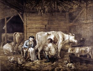 A tehénistálló mezzotint George Morland (1763-1804) angol művész után. Tehénember vödörbe fej. A tejeslány vár, igát tartva, amelyen vödröket hordanak. Széna padlás: Lámpás: tyúkok. A tejeslányok „szépek”, mert a himlő nem jelölt tehénhimlőként, immunitást