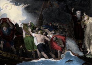 Prospero és Miranda, jobbra, a szigeten állnak, miközben a tengerészek hajótörést szenvednek