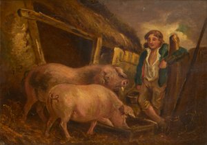 A nyereménydisznók gondozása (olaj a fedélzeten) alkotó: George (follower of) Morland