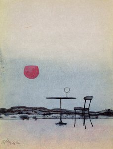 A külső asztalon lévő pohárból kiszorított vörösbor lesz a lenyugvó nap (toll mosással és gouache-val a kártyán)