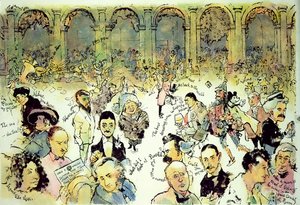 Híres arcok Florianuson kívül a Piazza San Marco-n, Velence, 1990 körül (gouache, farostlemez, tintával acetát fedőrétegen) alkotó: George Adamson