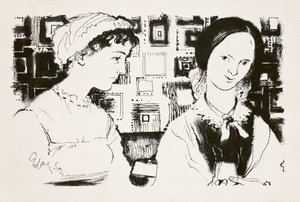 Jane Austen (1775-1817) és Charlotte Bronte (1816-55) – képzeletbeli találkozás (indiai tinta a fedélzeten) alkotó: George Adamson