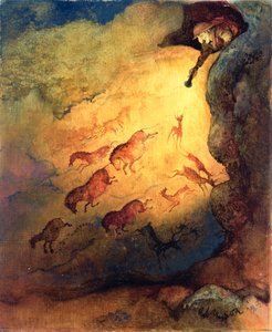 Punch úr, mint barlangkutató, aki megijeszti a lascaux-i állatokat, Punch kiadatlan megbízása, 1968 (gouache, farostlemez)