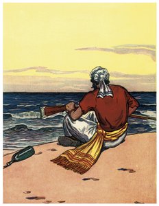Egy elhagyatott szigeten elhagyó kalóz a horizontot nézi Illusztráció a „The Boys Books of Pirates” című művéből, George Albert Williams (1875-1932) 1914