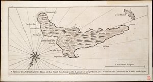 A 33. szélességi fokon fekvő déltengeri Iuan Fernandes-sziget alaprajza. 40m. délre, és a chilei kontinenstől 110 mérföldre nyugatra, 1750 körül (metszet). alkotó: George Anson