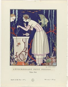 Gazette du Bon Ton, 1914 - No. 5, Pl. 44: A lenyűgöző kis hal (...) / Nyári ruha (cím a tárgyon) alkotó: George Barbier