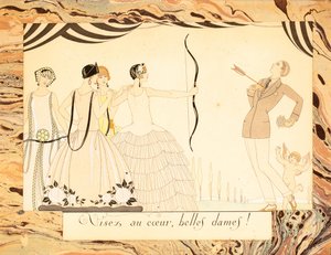 Célozzatok a szívet, kedves hölgyeim! A Le Bonheur du Jour vagy a Les Graces à la Mode, 1924-ből. alkotó: George Barbier