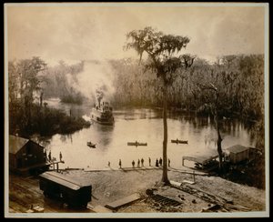 [Lapátkerekes gőzhajó érkezik a floridai Silver Springshez, miután éjszakai úton haladt felfelé a St. Johns, Oklawaha és Silver folyókon] alkotó: George Barker