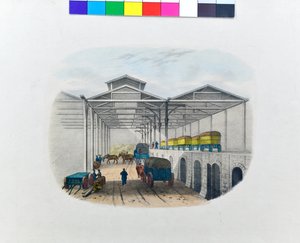 A teherátrakó raktár látképe, 1830 körül (litó, papír) alkotó: George Barnard