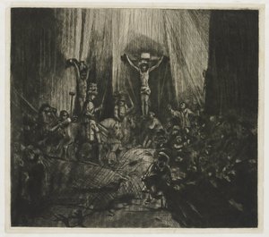 A két tolvaj között keresztre feszített Krisztus: „A három kereszt” alkotó: George Bickham (II)