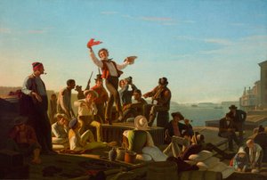 Jolly Flatboatmen a kikötőben alkotó: George Caleb Bingham