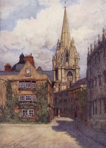 Oxford: Szent Mária-templom az Oriel Street és a Merton Street sarkáról, az Oriel College-val a jobb oldalon
