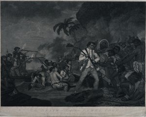James Cook kapitány halála a Sandwich-szigetek egyikének, Owhyee-nak indiánjai által. alkotó: George Carter