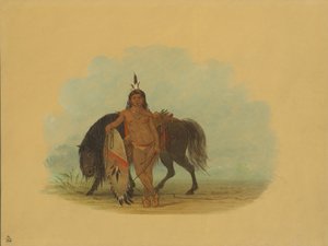Egy Cheyenne harcos pihenteti a lovát, 18611869. alkotó: George Catlin