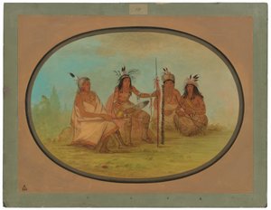 Egy idős Ojibbeway főnök és három harcos alkotó: George Catlin