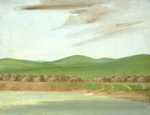 Arikara falu, a földdel borított kunyhók, 1600 mérfölddel St. Louis felett, 1832. alkotó: George Catlin