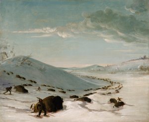 Bölényvadászat télen, indiánok hócipőben alkotó: George Catlin