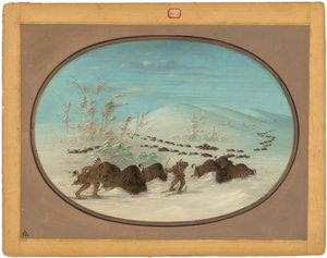 Buffalo Chase a hószállingózásban – Ojibbeway alkotó: George Catlin